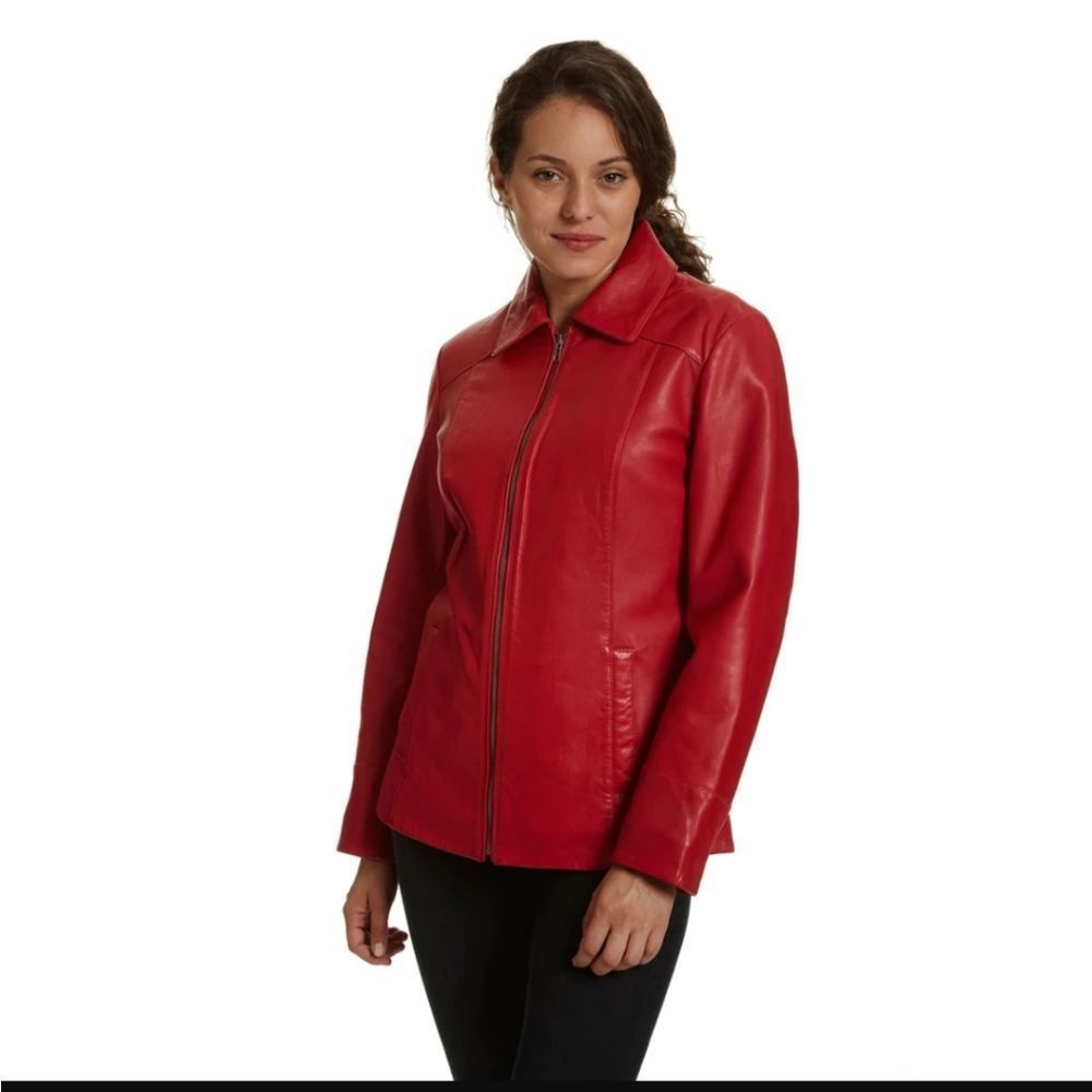 Classic Red Leather Zip Jacket for Women